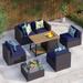 durable 8 Pieces Patio Furniture Set with 45 Plate Embossing Propane Fire Table Outdoor PE Rattan Sectional Sofa Set Patio Gas Fire Pit Conversation Set with Blue Cushions & Glas