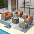 Vcatnet 7 Pieces Outdoor Patio Furniture Sectional Sofa All-weather Conversation Set with Fire Pit Table and Coffee Table for Garden Poolside Orange