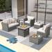 Vcatnet 7 Pieces Outdoor Patio Furniture Sectional Sofa All-weather Conversation Set with Fire Pit Table and Coffee Table for Garden Poolside Beige Stripe