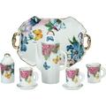 Miniature Collectible BUTTERFLIES & FLOWERS Porcelain Tea Set: Teapot Sugar Bowl 2 Teacups Serving Platter