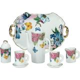 Miniature Collectible BUTTERFLIES & FLOWERS Porcelain Tea Set: Teapot Sugar Bowl 2 Teacups Serving Platter