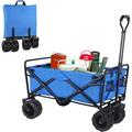 Heavy Duty Collapsible Wagon Outdoor Beach Utility Cart w/Big Wheels for Sand Large Folding Camping Grocery Cart All-Terrain Garden Push Pull Utility Wagon Blue