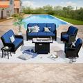 Vcatnet 6 Pieces Outdoor Patio Furniture Sectional Sofa All-weather Conversation Set with Swivel Rocking Chairs and Fire Pit Table for Garden Poolside Navy blue