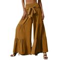 Casual Pants For Women High Waist Tie Pleated Rayon Flare Beach Pant Bell Bottom Soft Lightweight Relaxed-Fit Golf Trousers with Pockets Stretch Elastic Waisted Fashion Business Long Trouser