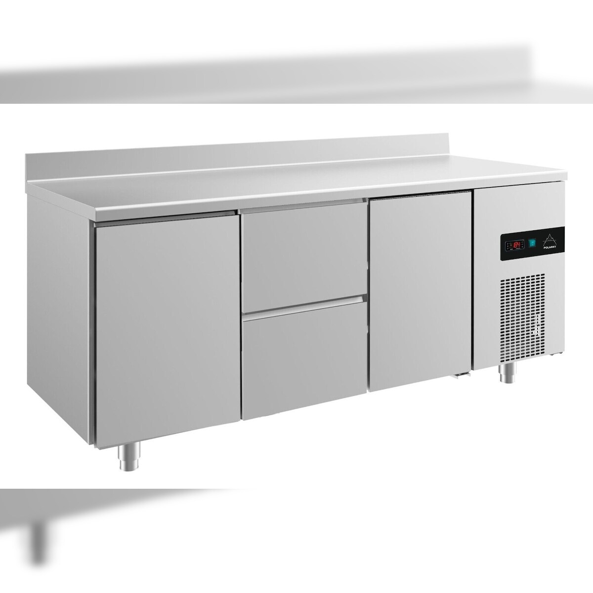 Wimar Gastro Edelstahl Kühltisch 2 Türen links/rechts 2 Schubladen(mittig) Aufkantung, 1865x700x850mm -2/+8°C 474L Image
