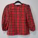 J. Crew Tops | J. Crew Blouse Stewart Tartan Plaid Ruffle Sleeves Crew Neck Top Womens Xxs | Color: Black/Red | Size: Xxs