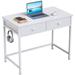 White Small Computer Desk with 2 Fabric Drawers, Simple Home Office Writing Desk, Vanity Desk with Hooks