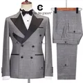 Cenne Des Graoom 2024 New Elegant Grey Tuxedo Suits for Men Double Breasted Black Satin Collar