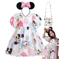2024 Kids Mickey Mouse Daisy Cartoon Puff Sleeve Clothes Summer Baby Girl Casual Dress Girls