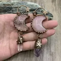 5PCS Boho Large Soldered Rose Quartzs Crystal Vintage Crescent Moon Necklace Pendant For Women