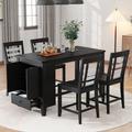 Red Barrel Studio® Counter Height 5-Piece Dining Table Set w/ Faux Marble Tabletop, Table Set w/ Storage Cabinet & Drawer, Dark Walnut | Wayfair