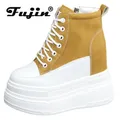 Fujin 13CM vera pelle PU primavera autunno stivaletti donna piattaforma imbottita zeppa alta marca