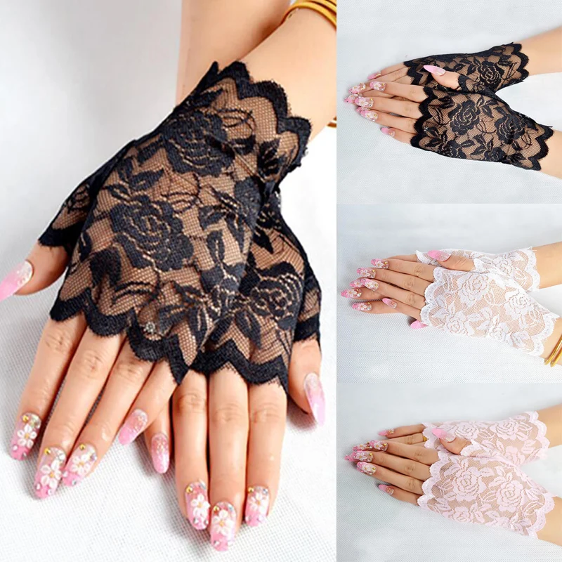 Sexy Braut Spitze Fingerlose Handschuhe Für Frauen Party Elegante Handschuhe Sonnenschutz Handschuhe Mädchen Fäustlinge Schwarz Weiß Rosa Handschuhe Image