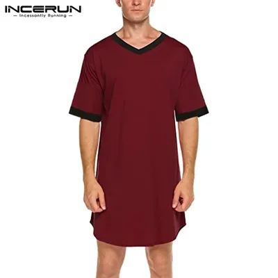Incerun neue Herren Nachthemd Mode Patchwork Schlaf Robe solide Nachtwäsche Kurzarm Bademantel lose Image