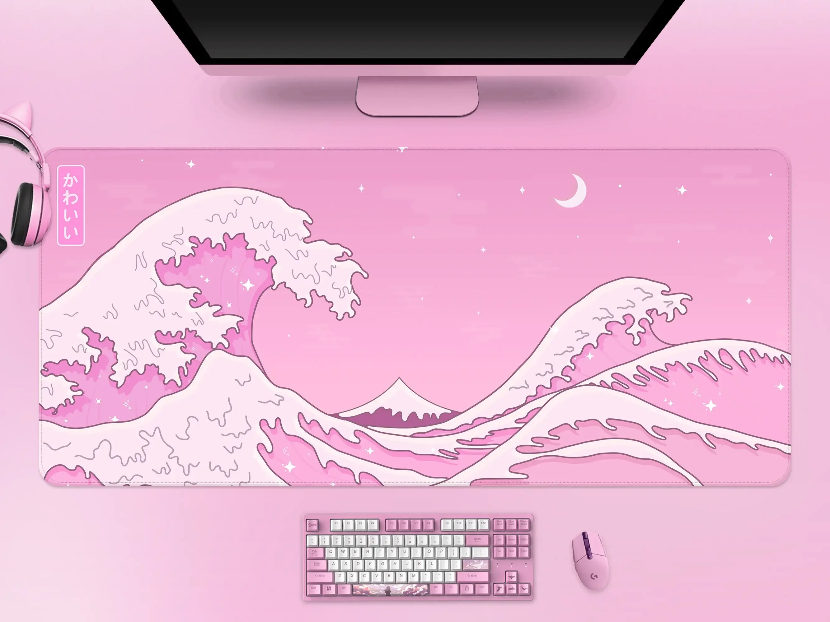Kawaii Schreibtischunterlage Pink Wave Cute Pastel Anime Aesthetics Mond und Ozean Mauspad XXL Japanisches Gaming Mousepad Gamer 900x400 Image