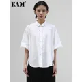 EAM-Chemisier blanc à ourlet irrégulier pour femme chemise couvertes à demi-manches à revers mode