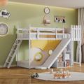 Lit superposé enfant 90x200 cm - lit mezzanine avec toboggan et escalier, rideau de lit, lit enfant