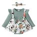 Mikrdoo Newborn Girls Clothes 6 Months Baby Girls Floral Print 12 Months Baby Girls Fake Two Pieces Ruffle Long Sleeve Bow Romper Dress With Headband 2Pcs Sets Green