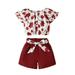 KIMI BEAR Toddler Girls Outfits 4T Toddler Girl Spring Summer Outfits 5T Toddler Girl Floral Prints Short Trumpet Sleeve T-shirt+ Shorts 2PCS Set Red