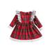 Diconna Girls Autumn Casual A-line Dress Long Sleeve Crewneck Ruffle Plaid Dress with Bow Decor 3-4 Years