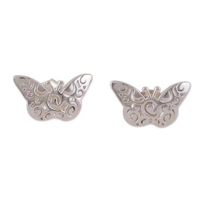 'Butterfly-Shaped Sterling Silver Button Earrings from India'
