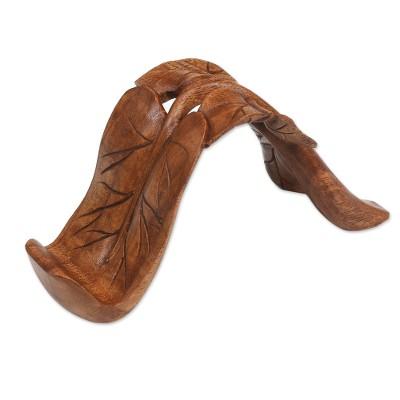 Tropical Leaves,'Wood Phone Stand with Leaf Motif Hand-Carved in Bali'