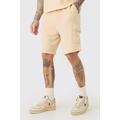 Mens Beige Tall Elasticated Waist Velour Cargo Shorts, Beige