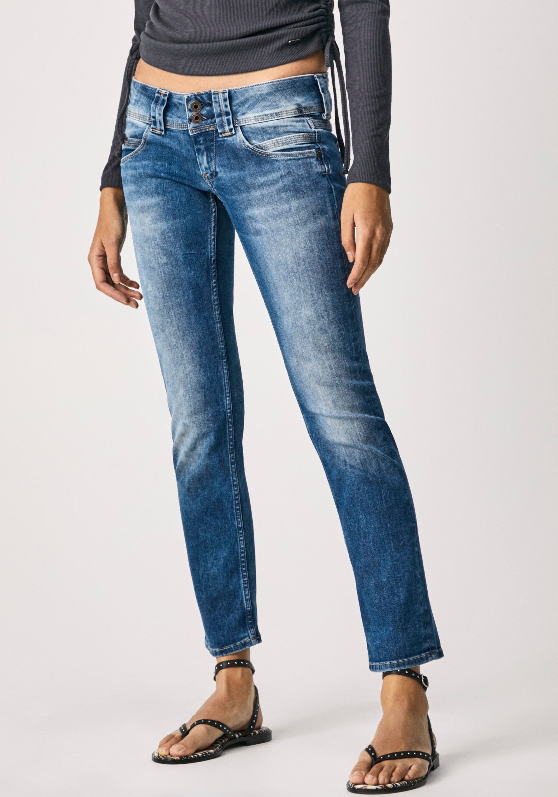 Straight-Jeans PEPE JEANS "VENUS", Damen, Gr. 27, Länge 34, blau (medium used), Denim/Jeans, Obermaterial: 84% Baumwolle, 14% Polyester, 2% Elasthan, regular fit lang, Jeans Straight-Jeans, mit schmalem Bein