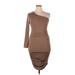 Shein Casual Dress - Bodycon One Shoulder 3/4 Sleeve: Brown Solid Dresses - Women's Size 1X