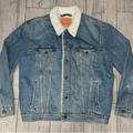 Levi's Jackets & Coats | Levis Denim Jacket Mens Sz Large Wash Sherpa Lined Type Trucker Jean Snap Used | Color: Blue | Size: L
