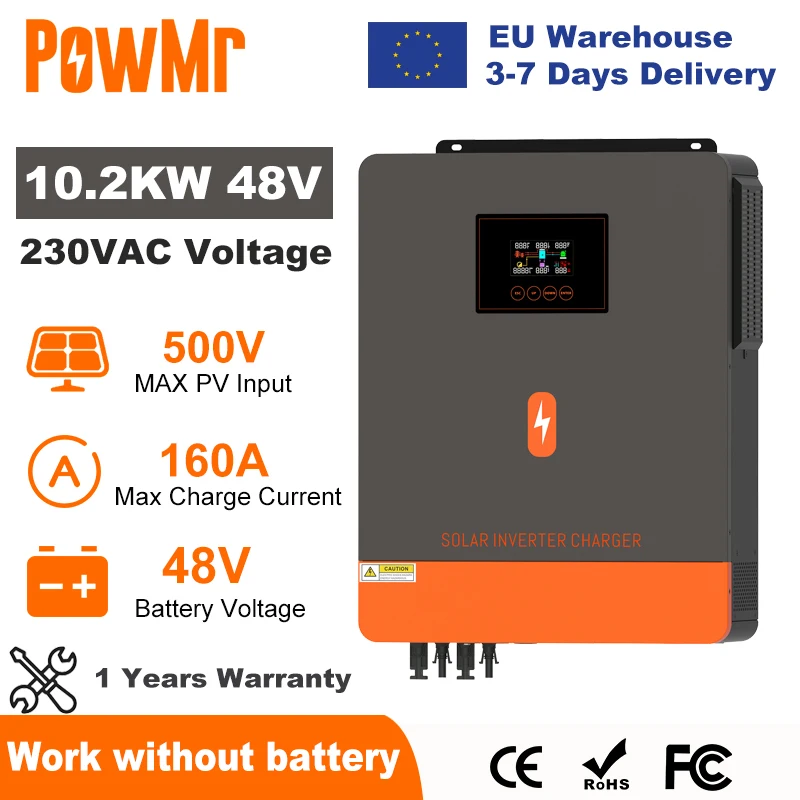 PowMr 10.2KW onduleur solaire hybride 48V 230V sur réseau hors réseau onduleur à onde sinusoïdale Pure double sortie MPPT 160A chargeur de batterie solaire
