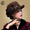 FS Vintage Black Wool Cloche Hats Wide Brim Fedora Hat For Women Flower Red Brown Felt Winter