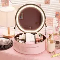 Round Cosmetic Case with Mirror LED Light Women Ladies Wash Bag Waterproof Large Capacity PU Leather