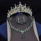 Luxury Green Crystal Bridal Jewelry Sets for Women Tiaras Earrings Necklace Crown Wedding Dress