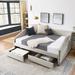 Queen Daybed with Two-Drawer Trundle - Upholstered Sofa Bed, Linen Fabric, Grey/Beige