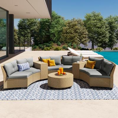 6 - Person Fan-shaped Rattan Suit Combination with Cushions & Table