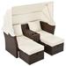 Patio Rattan Daybed Set with Foldable Awning & Storage Ottoman