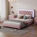 Full Size Upholstered Bed Frame with LED Lights, Modern Velvet Platform Bed with Tufted Headboard, No Box Spring Needed, Pink