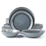 Round Stoneware 16pc Double Bowl Dinnerware Set for 4, Dinner Plates, Side Plates, Cereal Bowls, Pasta Bowls