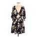 Yumi Kim Casual Dress - Mini V-Neck 3/4 sleeves: Black Floral Dresses - Women's Size Medium