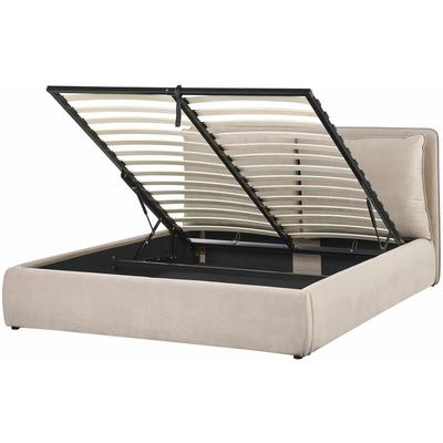 Bett mit Bettkasten Beige Samt Gepolstert 160 x 200 cm Lattenrost Hochklappbar Hohes Kopfteil Viel Image