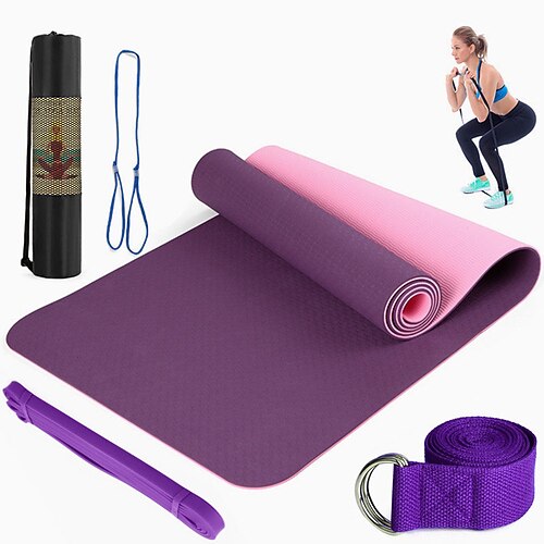 TPE 6 mm Zweifarbige Yogamatte Set aus fünf Teilen für Sport Fitness Stretching Latex 2080 Widerstandsband kommt mit Rucksackgurt Weihnachtsgeschenk