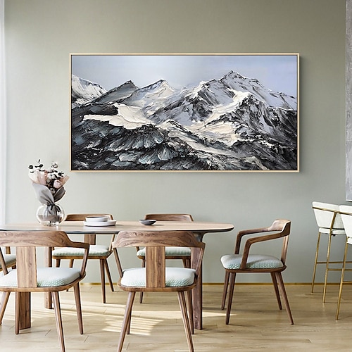 Abstraktes, schneebedecktes Berggemälde, handgemaltes Leinwandkunst-Ölgemälde, handgemachtes Berggipfel-Ölgemälde auf Leinwand, großes Schwarz-Weiß-Ölgemälde, Wandkunstgemälde für Image