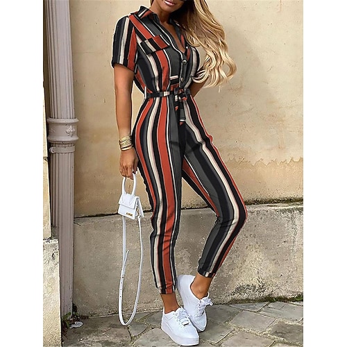 Damen Normal Jumpsuit Strassenmode Feste Farbe Kurzarm Hemdkragen Tasche Kordelzug Strasse Täglich Regular Fit Schwarz Weiß Wein Sommer Image