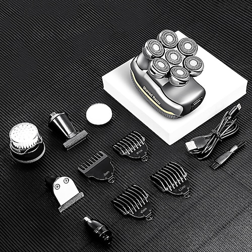 Elektrischer Kopfrasierer für Männer – wiederaufladbarer kabelloser Haarrasierer für Glatzköpfige 6 in 1 wasserdichter Nass-Trocken-Bartschneider Körperhaarschneidemaschine Pflegeset 7 Rotationsköpfe Image
