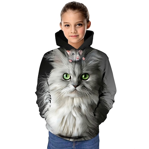 Mädchen 3D Graphic Tier Katze Kapuzenshirt Langarm 3D-Druck Frühling Herbst Winter Aktiv Täglich kinderkleidung 3-12 Jahre Schulanfang Täglich Lockere Passform Image