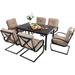 & William Patio Dining Set 9 Piece Expandable Outdoor Table Furniture Set with 8 Metal Spring Motion Dining Chairs and 1 Rectangular Bistro Deck Table with Leaf Beige