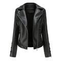 Juebong Women s Faux Leather Moto Biker Short Coat Jacket Long Sleeve Zipper Closure Outwear with 9 Pocket Slim Leather Zip Up Motorcycle Suit Belt Coat Jacket Tops Black XXL