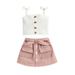 FOCUSNORM Summer Fashion Baby Girls 2pcs Clothes Solid Sleeveless Button Vest Tops+A-Line Skirts With Belt Sets