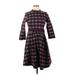 ModCloth Casual Dress - A-Line High Neck 3/4 sleeves: Burgundy Plaid Dresses - New - Women's Size Medium